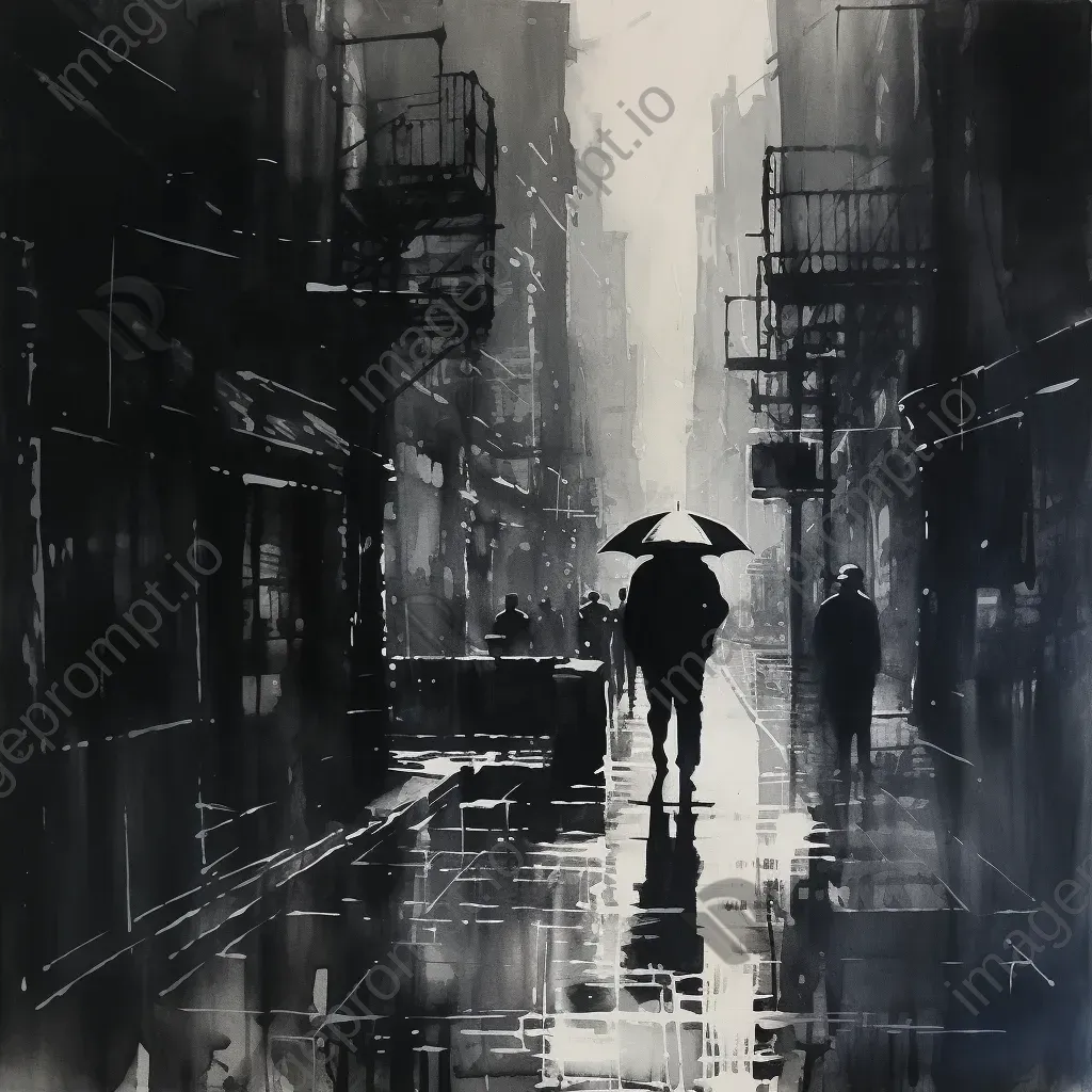 Rain-drenched streets depicted through an abstraction in ink wash, noir-inspired - Image 2