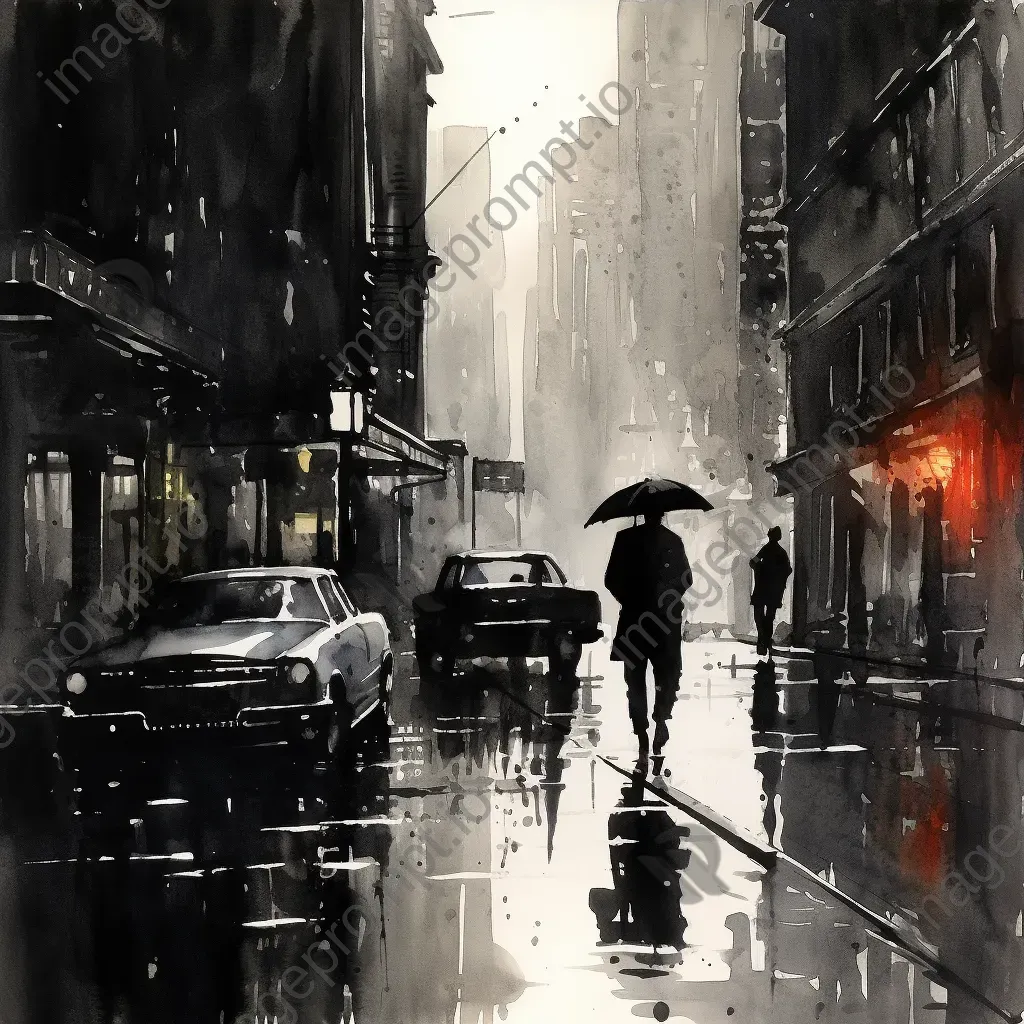 Rain-drenched streets depicted through an abstraction in ink wash, noir-inspired - Image 3