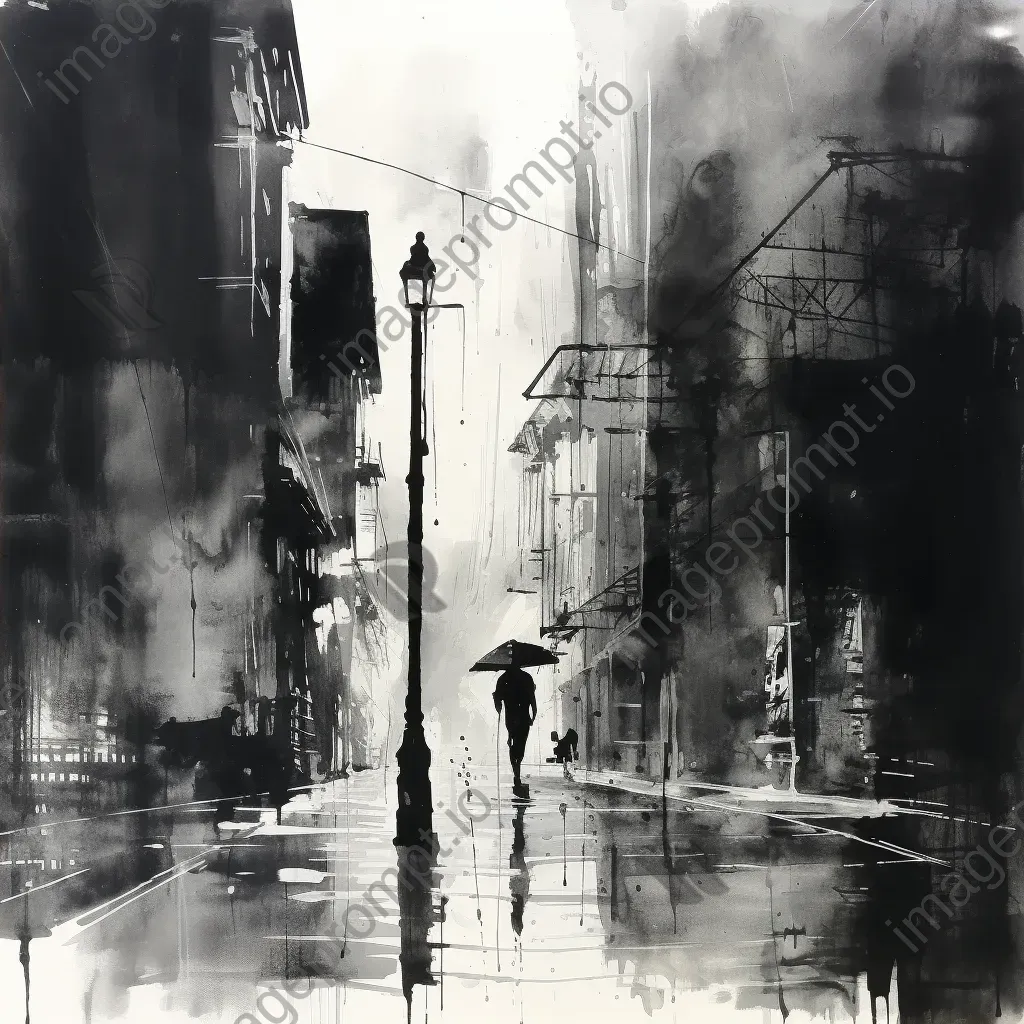 Rain-drenched streets depicted through an abstraction in ink wash, noir-inspired - Image 4