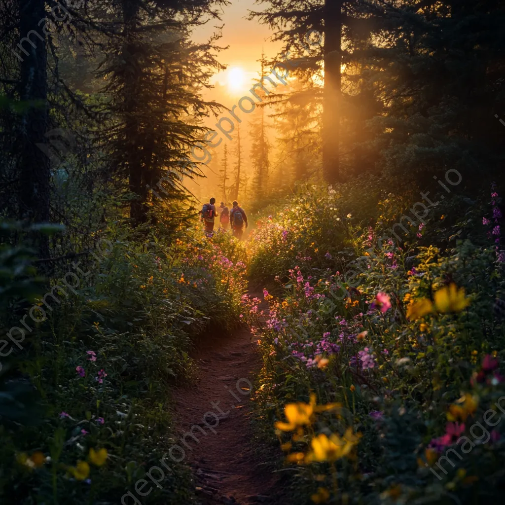 Hikers silhouetted against a vibrant sunrise on a forest trail with wildflowers. - Image 1