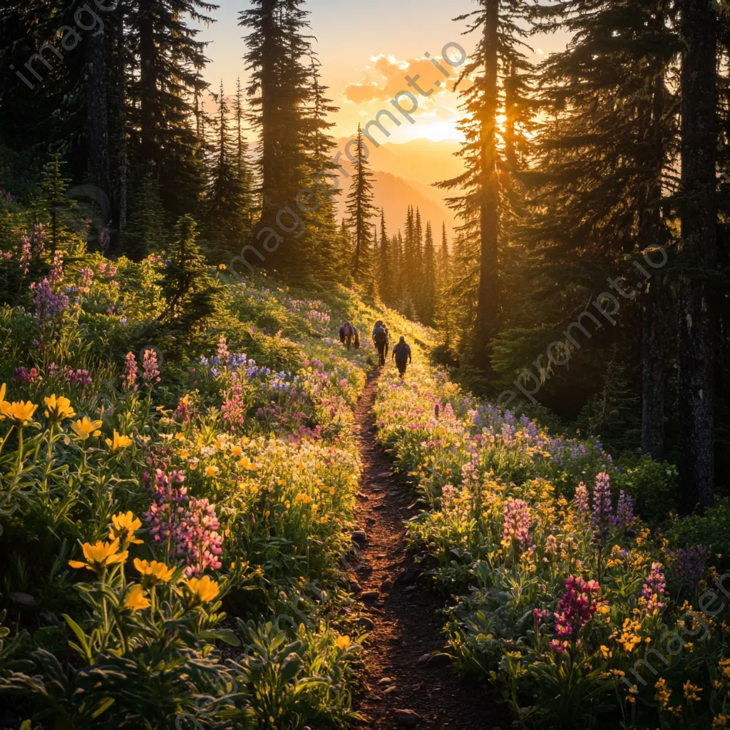 Hikers silhouetted against a vibrant sunrise on a forest trail with wildflowers. - Image 2