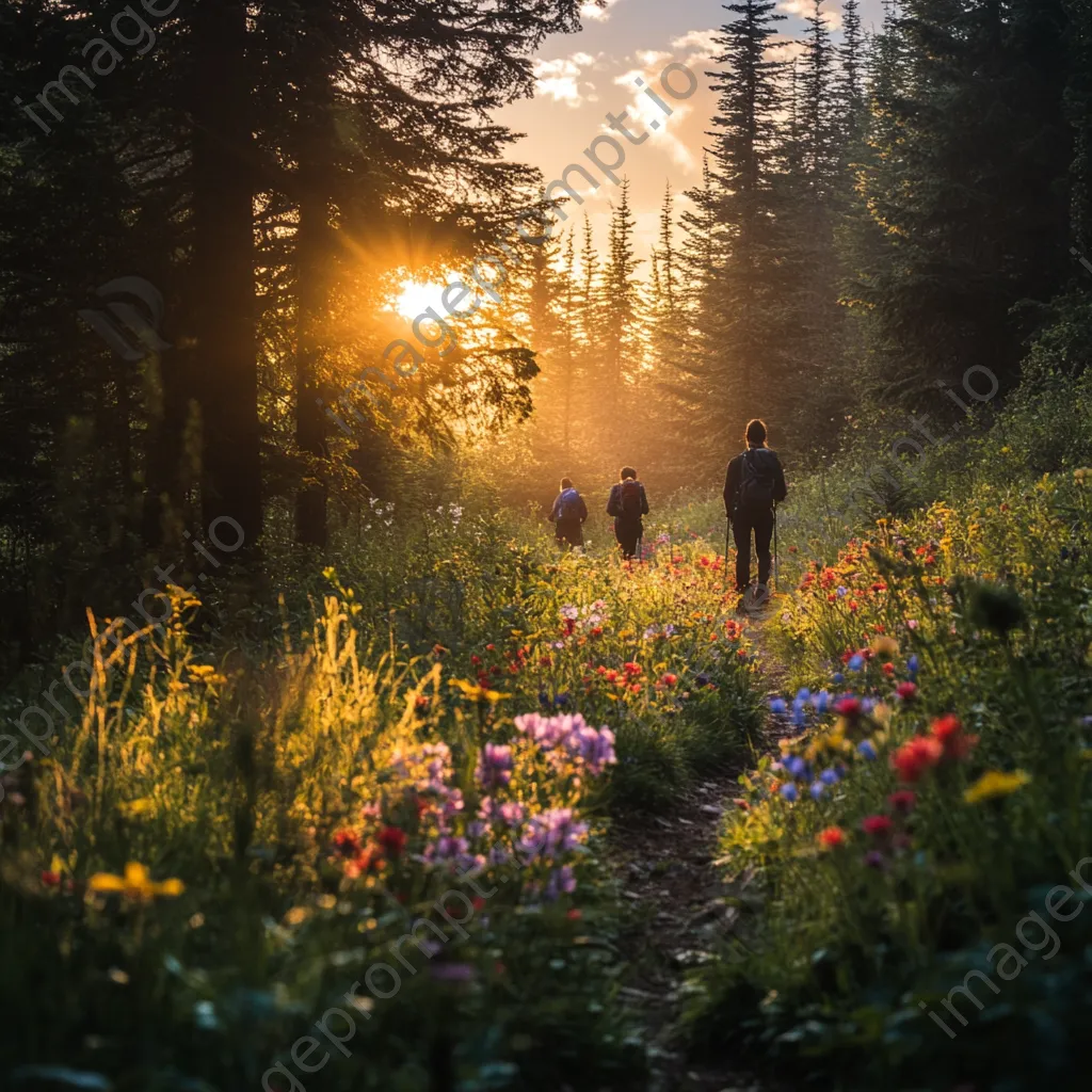 Hikers silhouetted against a vibrant sunrise on a forest trail with wildflowers. - Image 3