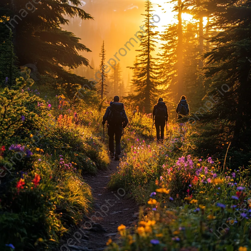 Hikers silhouetted against a vibrant sunrise on a forest trail with wildflowers. - Image 4