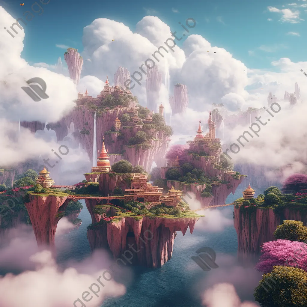 Surreal floating islands in a dreamlike landscape with vibrant colors and a sky waterfall. - Image 1