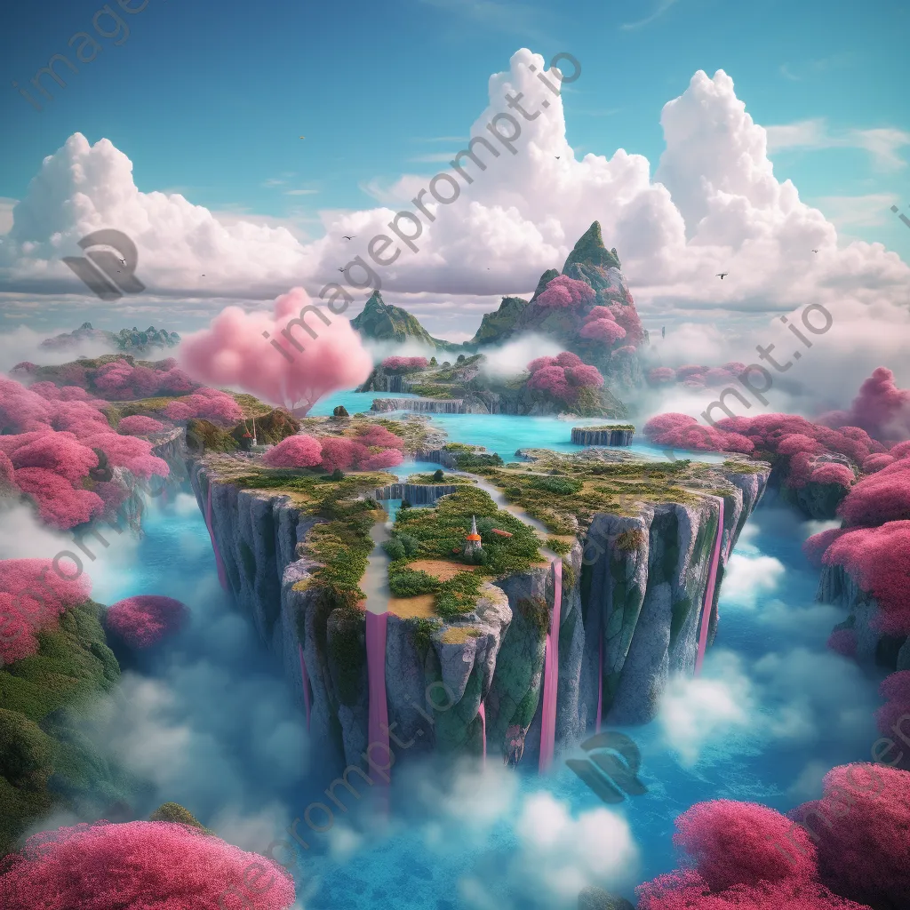 Surreal floating islands in a dreamlike landscape with vibrant colors and a sky waterfall. - Image 2