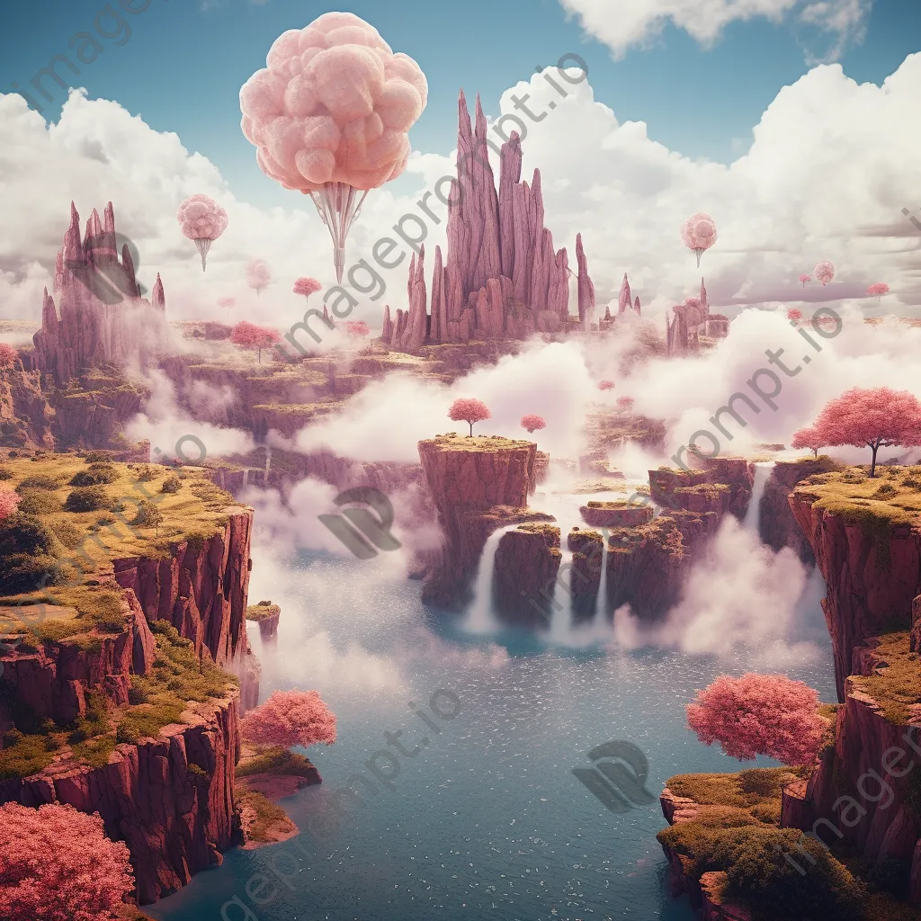 Surreal floating islands in a dreamlike landscape with vibrant colors and a sky waterfall. - Image 3