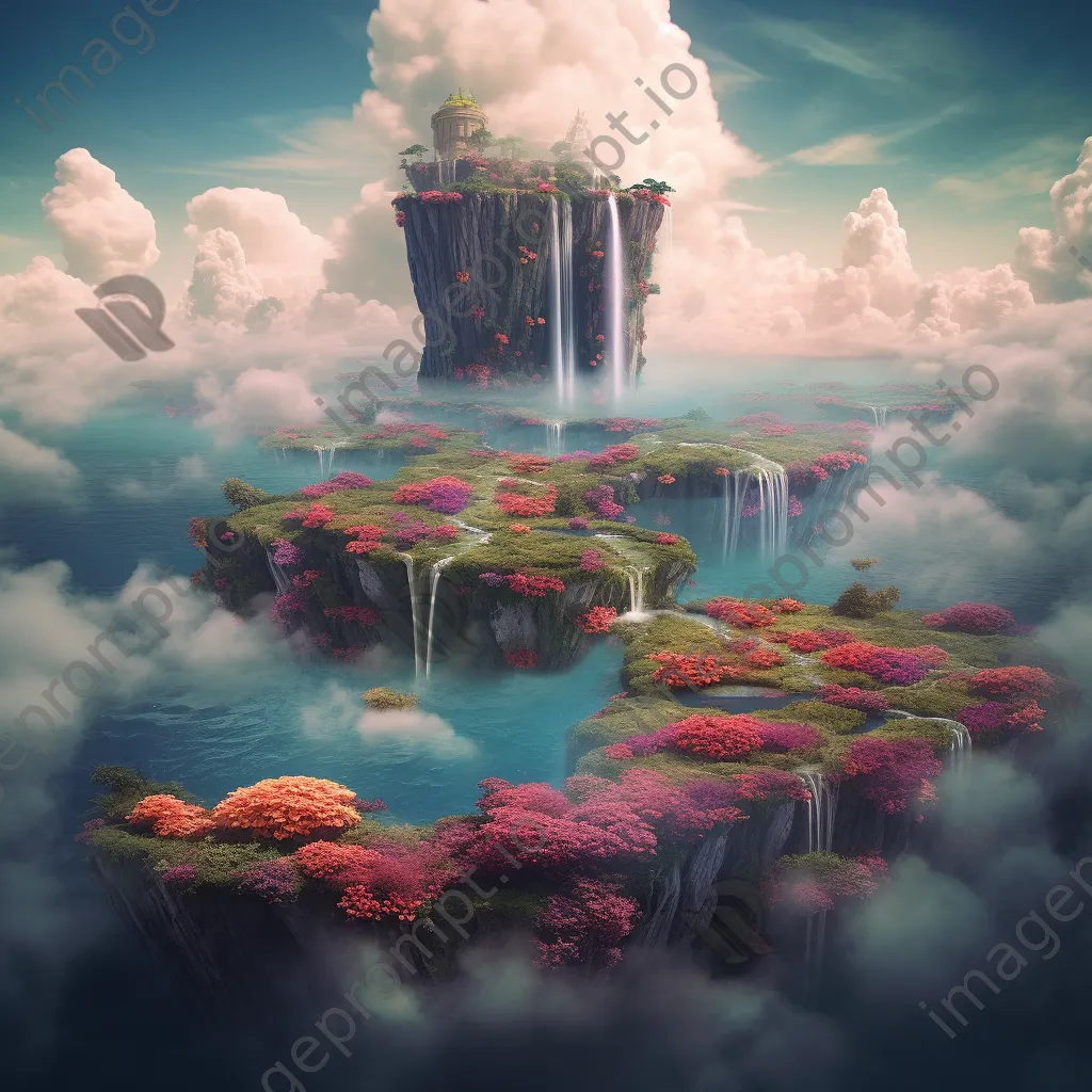 Surreal floating islands in a dreamlike landscape with vibrant colors and a sky waterfall. - Image 4