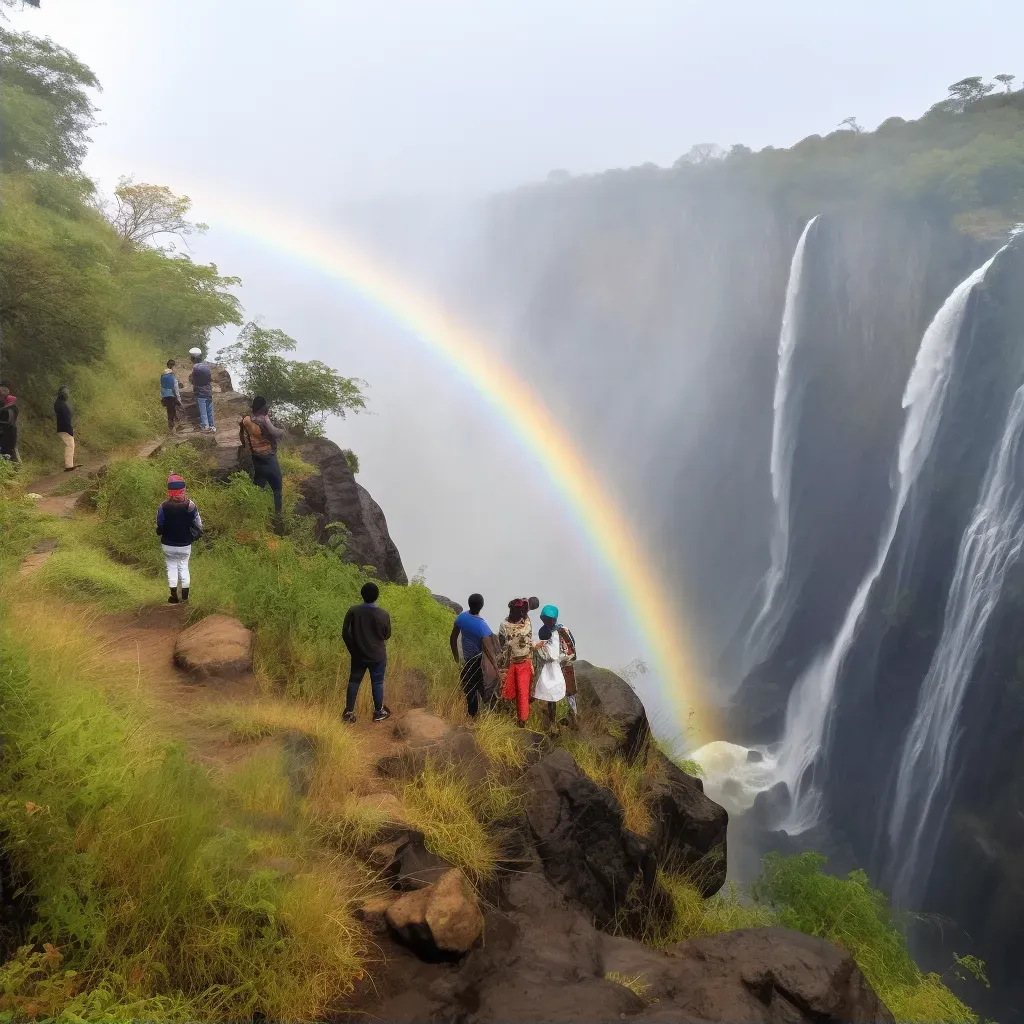 Victoria Falls with rainbow mist and tourists in awe - Image 2