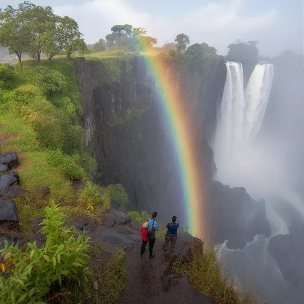 Victoria Falls with rainbow mist and tourists in awe - Image 3