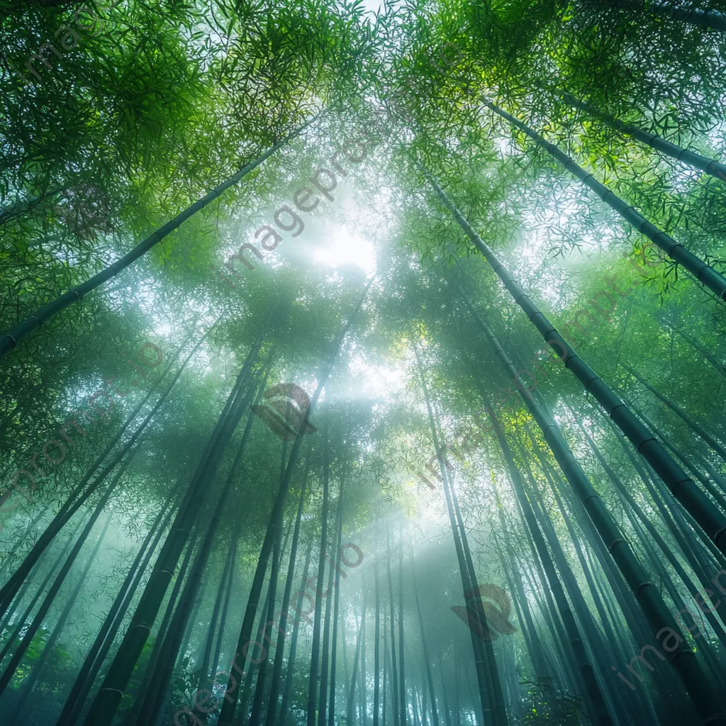 Misty bamboo forest with sunlight filtering through the leaves - Image 1