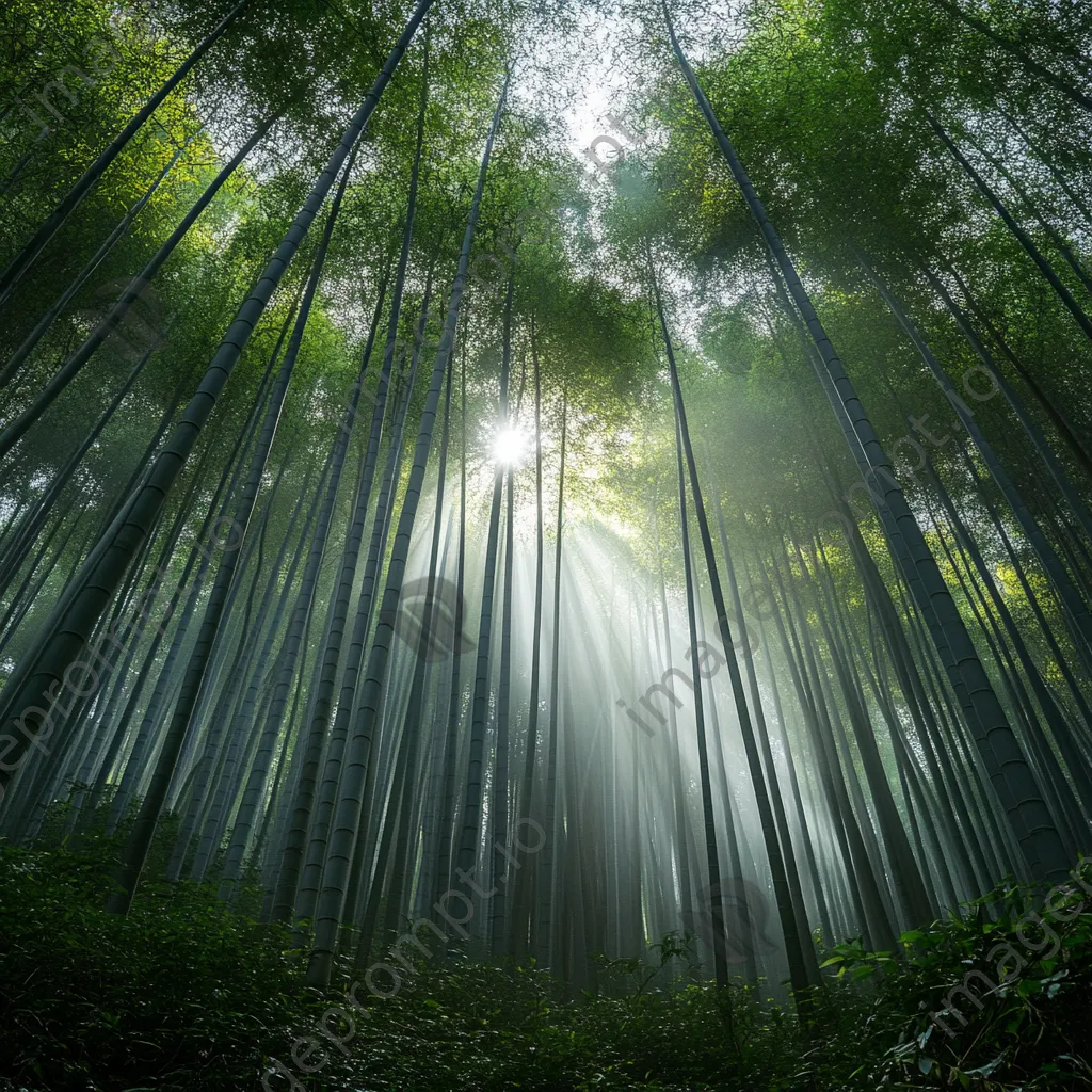 Misty bamboo forest with sunlight filtering through the leaves - Image 2