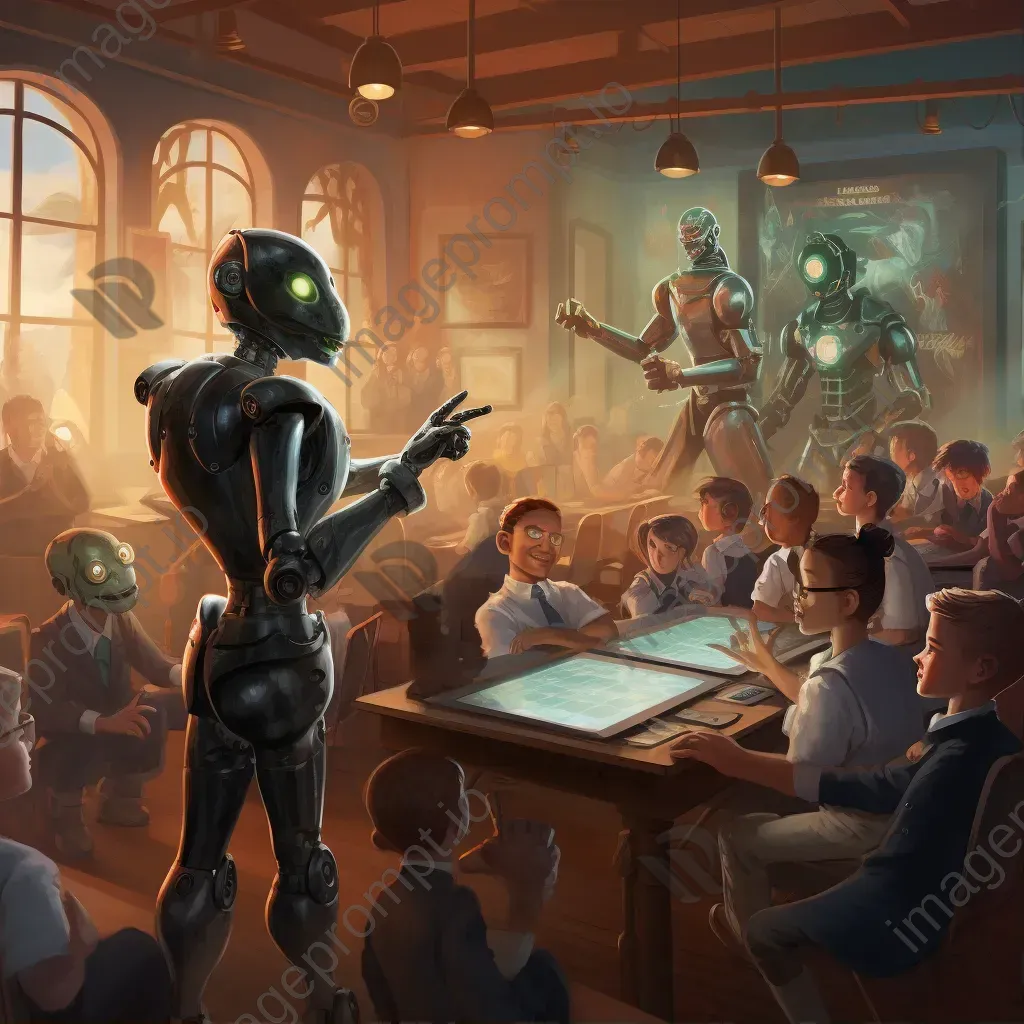 Image of a vintage-style school with robotic teachers and holographic chalkboards in a futuristic setting - Image 1