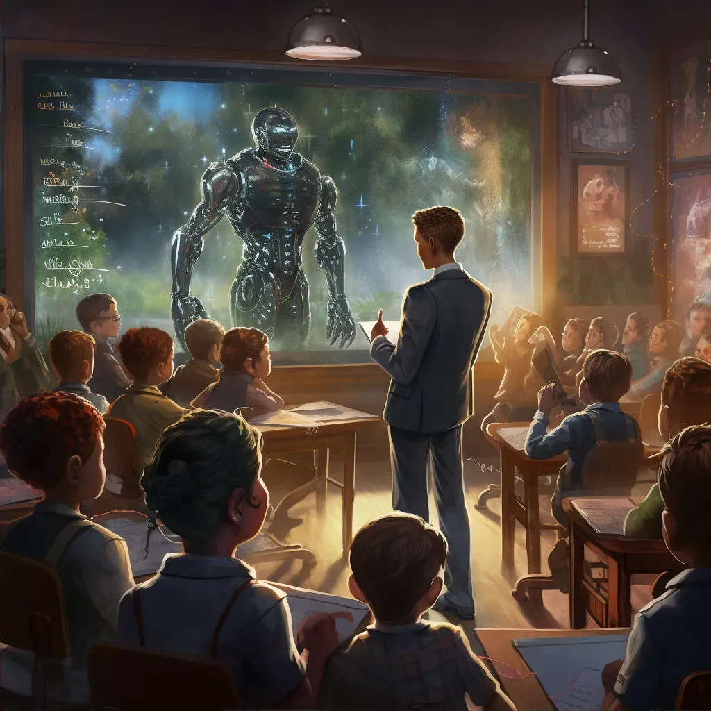 Vintage-Style School with Robotic Teachers and Holographic Chalkboards in Future Setting