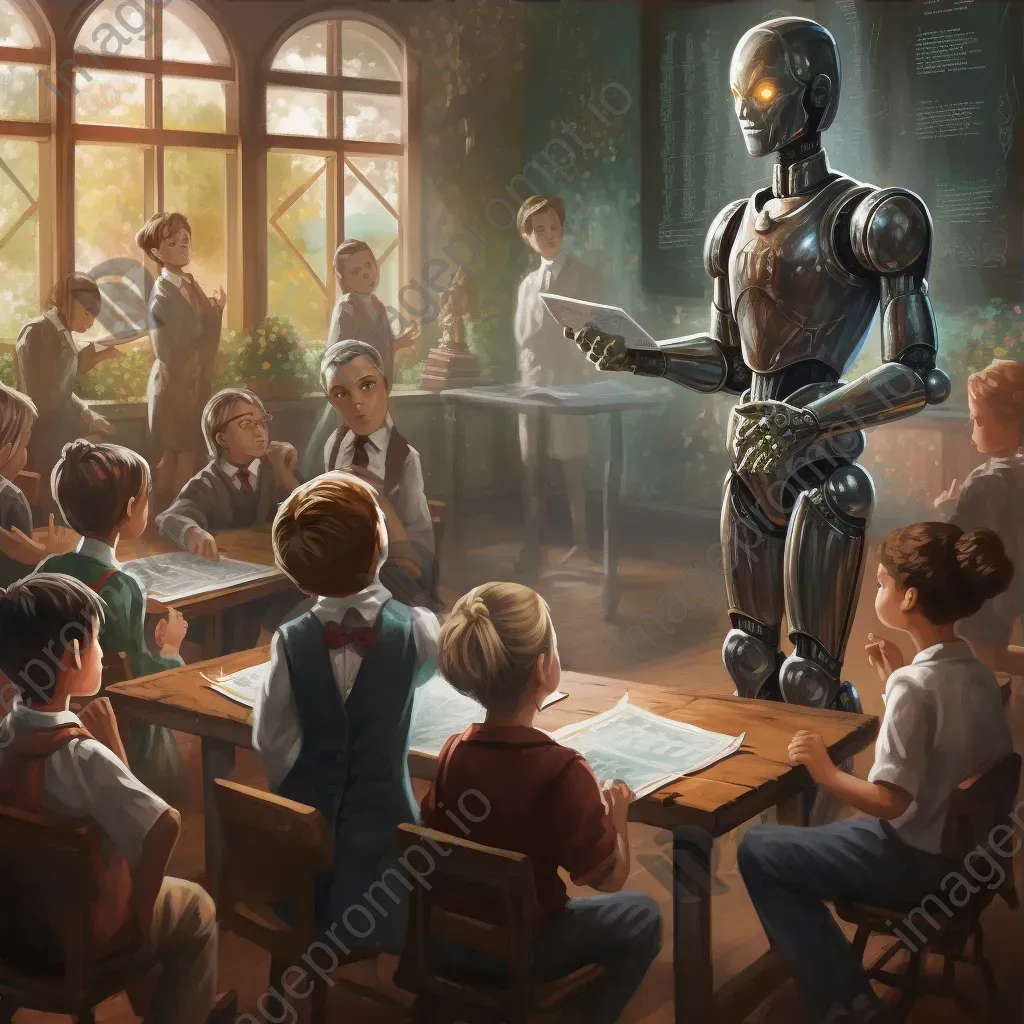 Image of a vintage-style school with robotic teachers and holographic chalkboards in a futuristic setting - Image 3