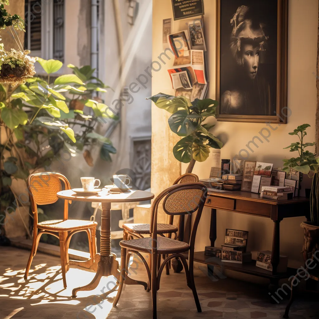 Coffee shop terrace with vintage furniture and patrons enjoying coffee - Image 1