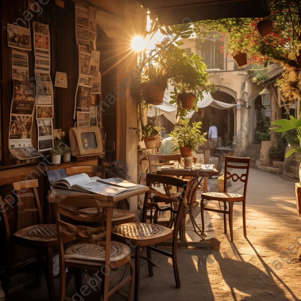 Coffee shop terrace with vintage furniture and patrons enjoying coffee - Image 2