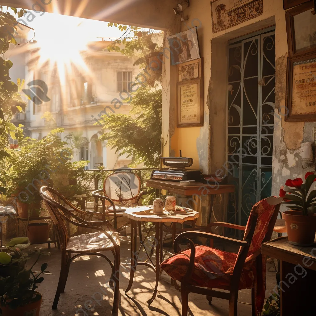 Coffee shop terrace with vintage furniture and patrons enjoying coffee - Image 3