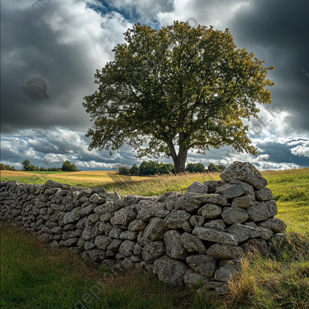 A dry stone wall next to an oak tree with dramatic clouds overhead. - Image 2