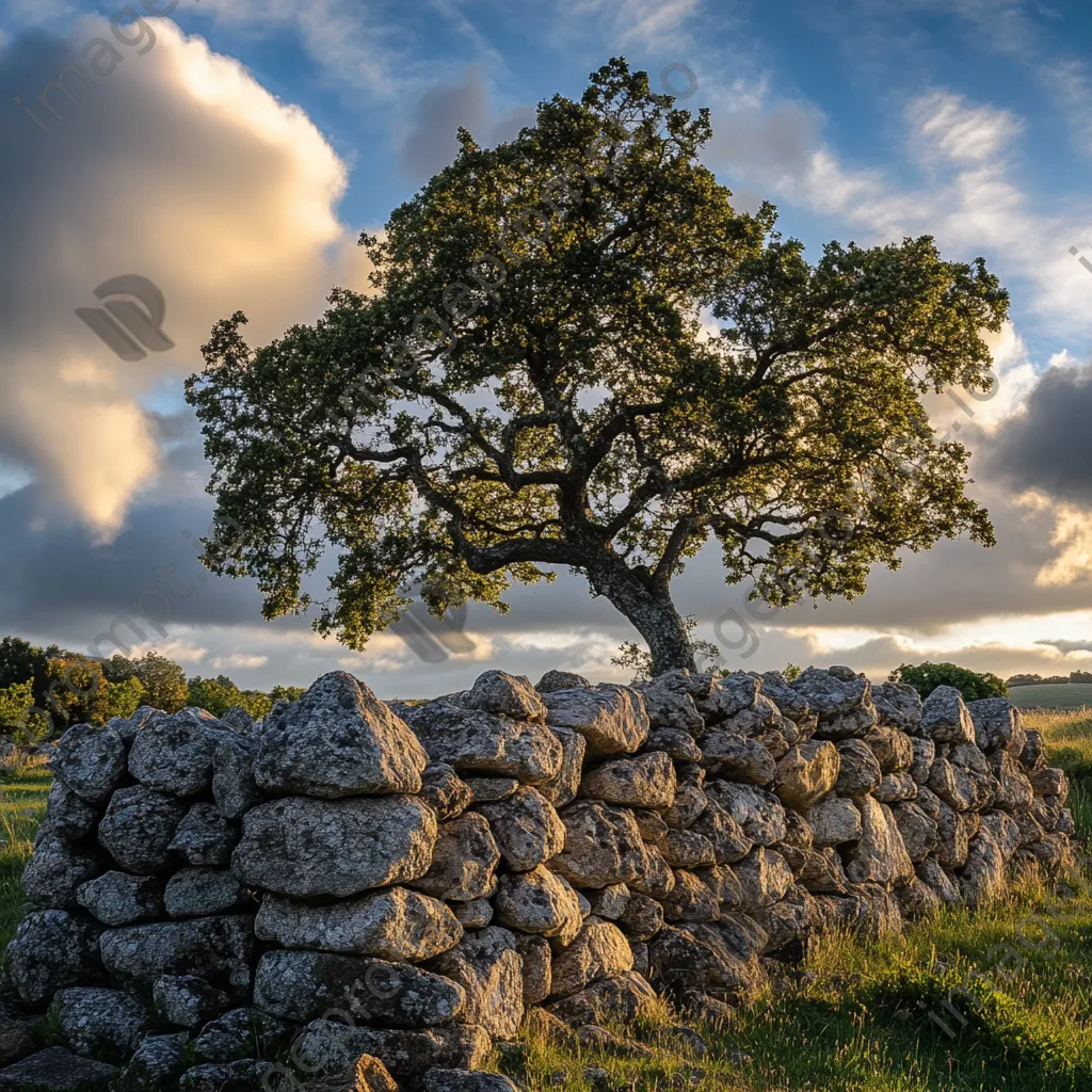 A dry stone wall next to an oak tree with dramatic clouds overhead. - Image 3