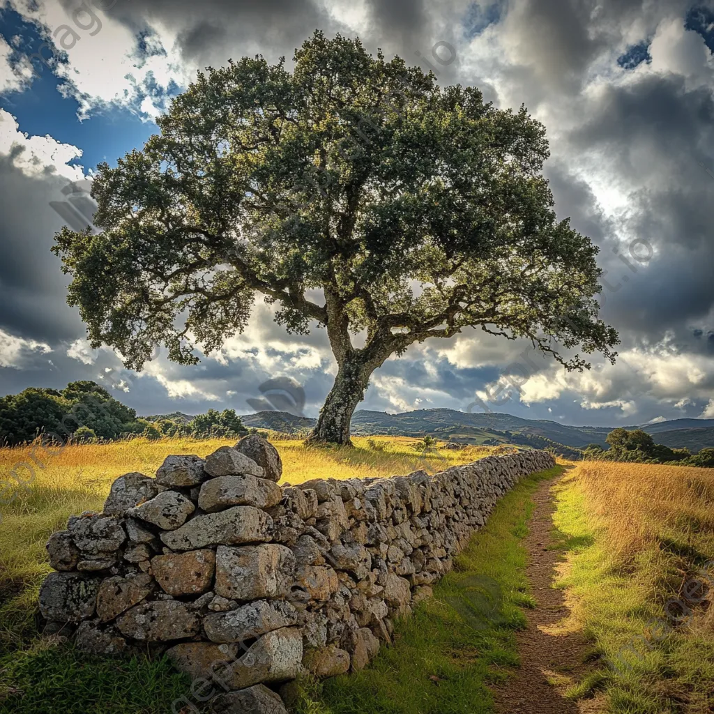 A dry stone wall next to an oak tree with dramatic clouds overhead. - Image 4