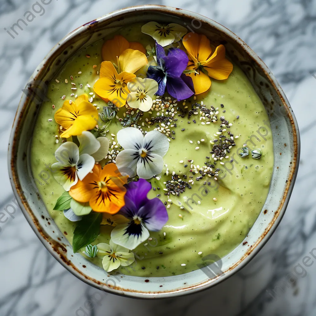 A creamy avocado smoothie bowl topped with chia seeds and flowers on a marble counter. - Image 1