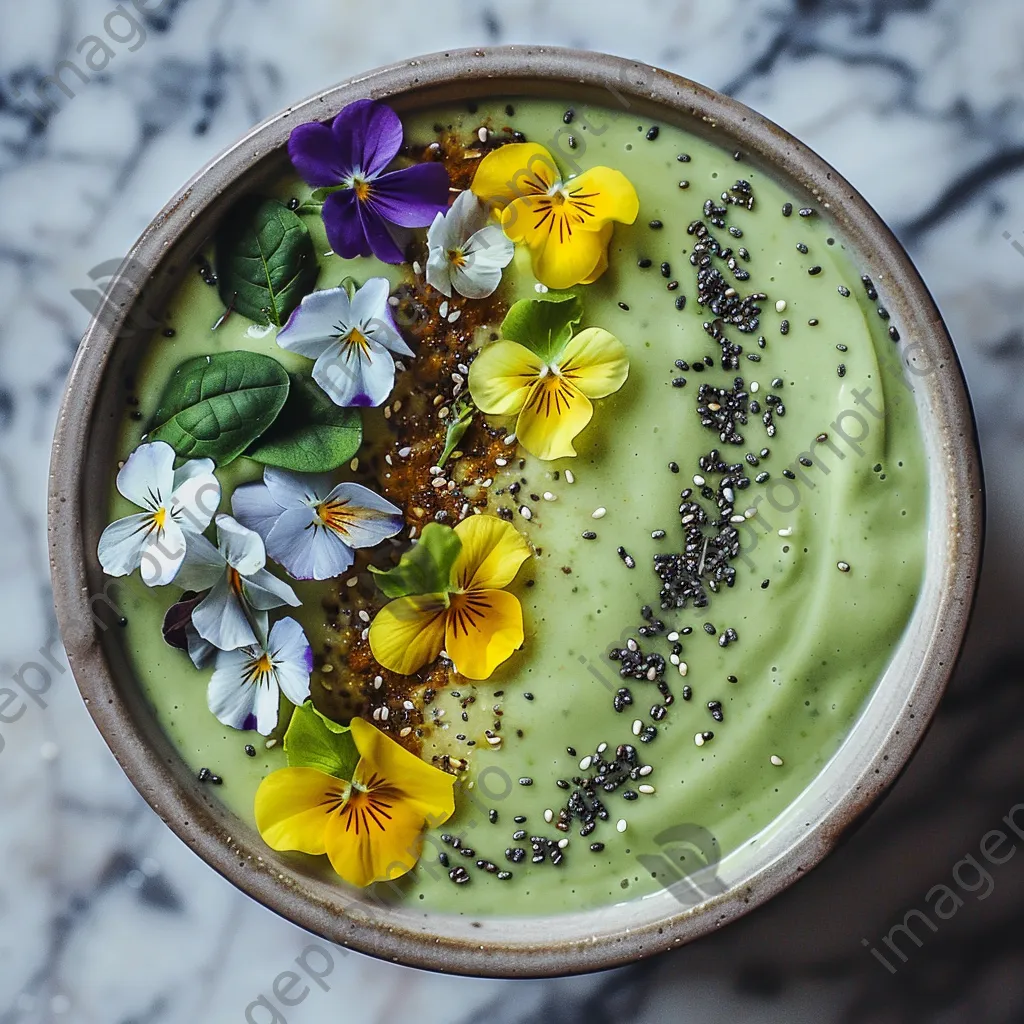 A creamy avocado smoothie bowl topped with chia seeds and flowers on a marble counter. - Image 2