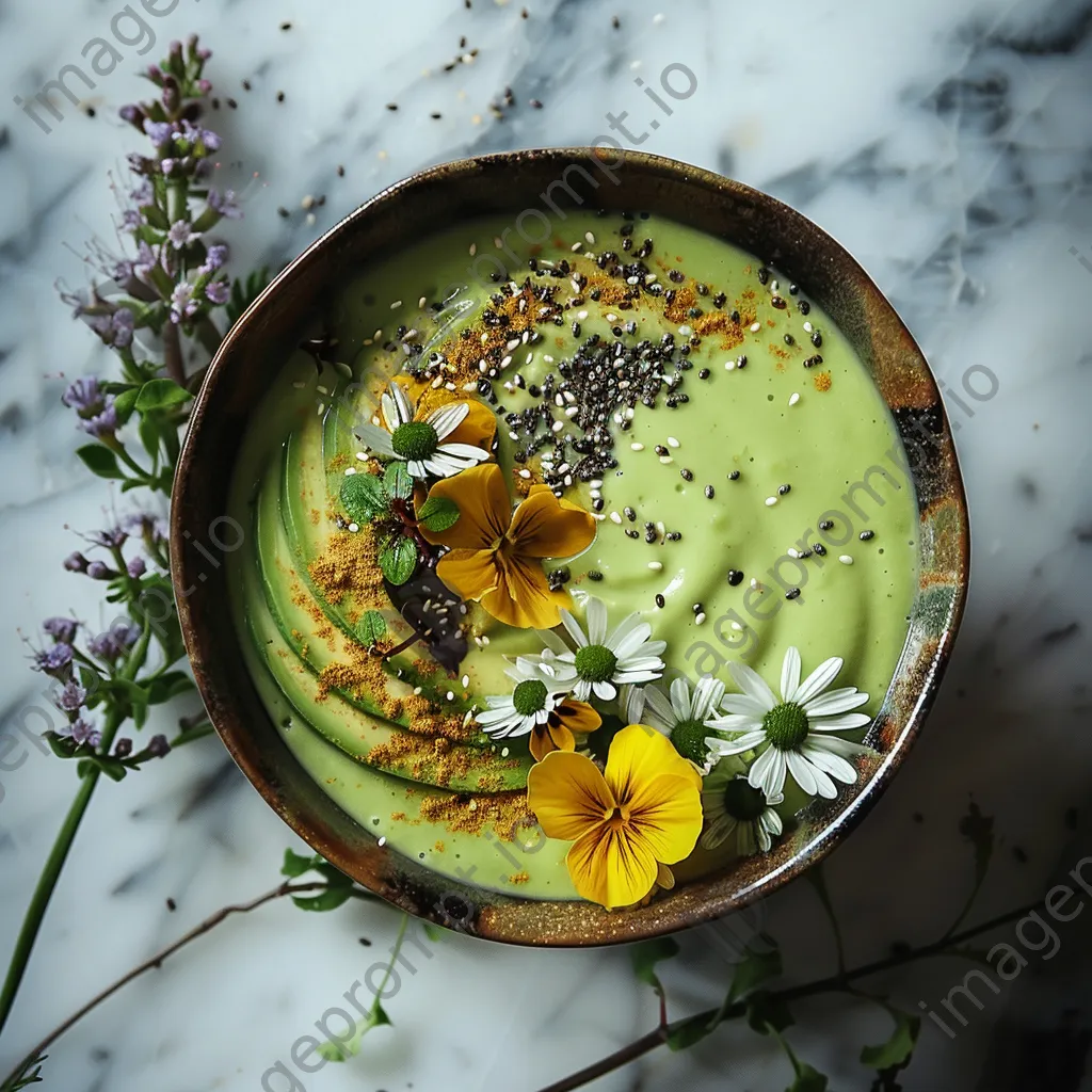 A creamy avocado smoothie bowl topped with chia seeds and flowers on a marble counter. - Image 3