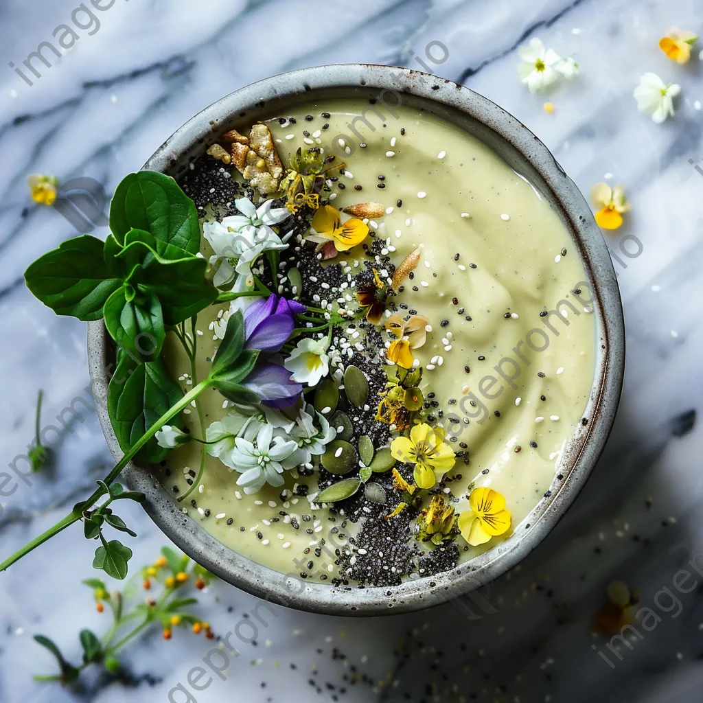 A creamy avocado smoothie bowl topped with chia seeds and flowers on a marble counter. - Image 4