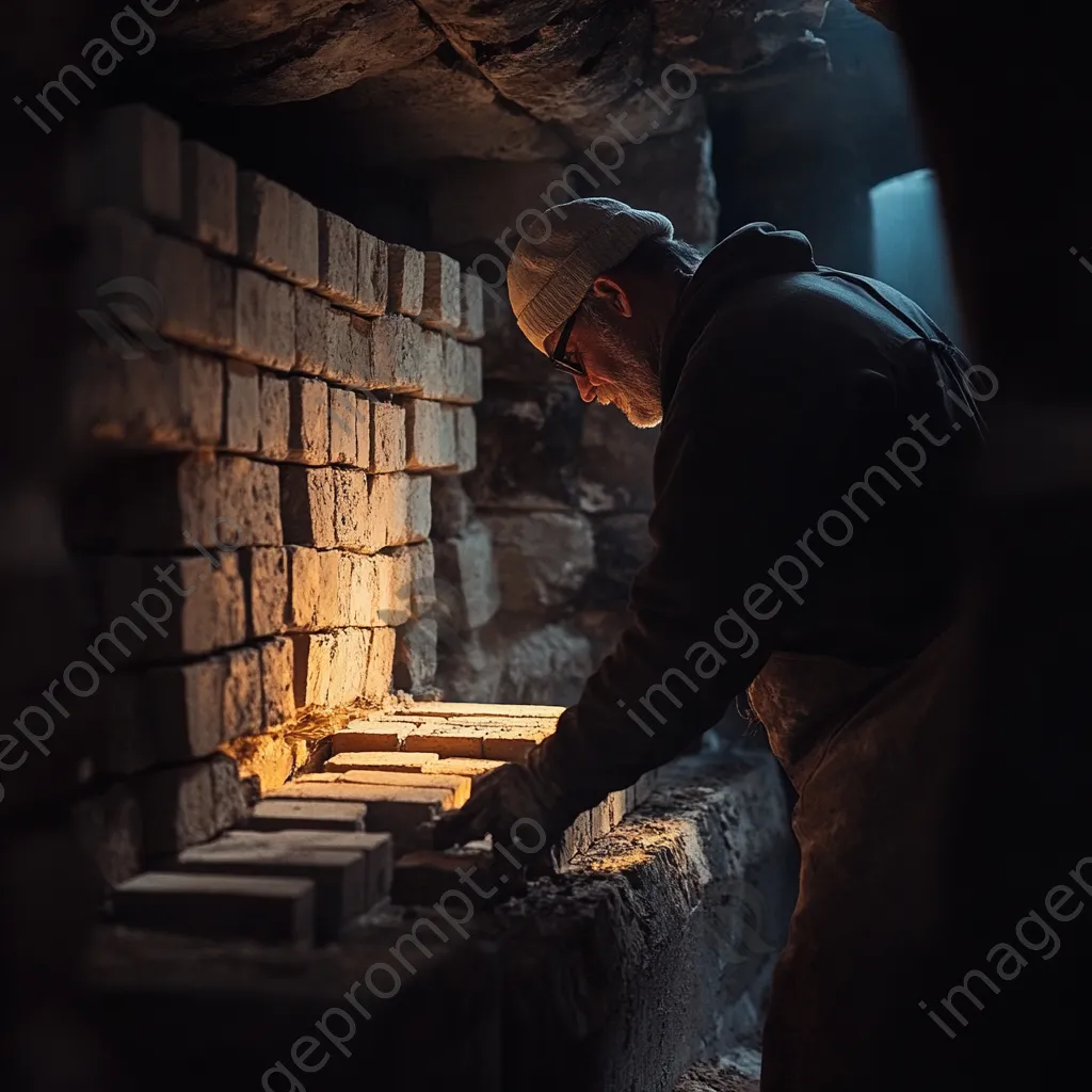 Artisan inspecting freshly fired bricks in a kiln - Image 1