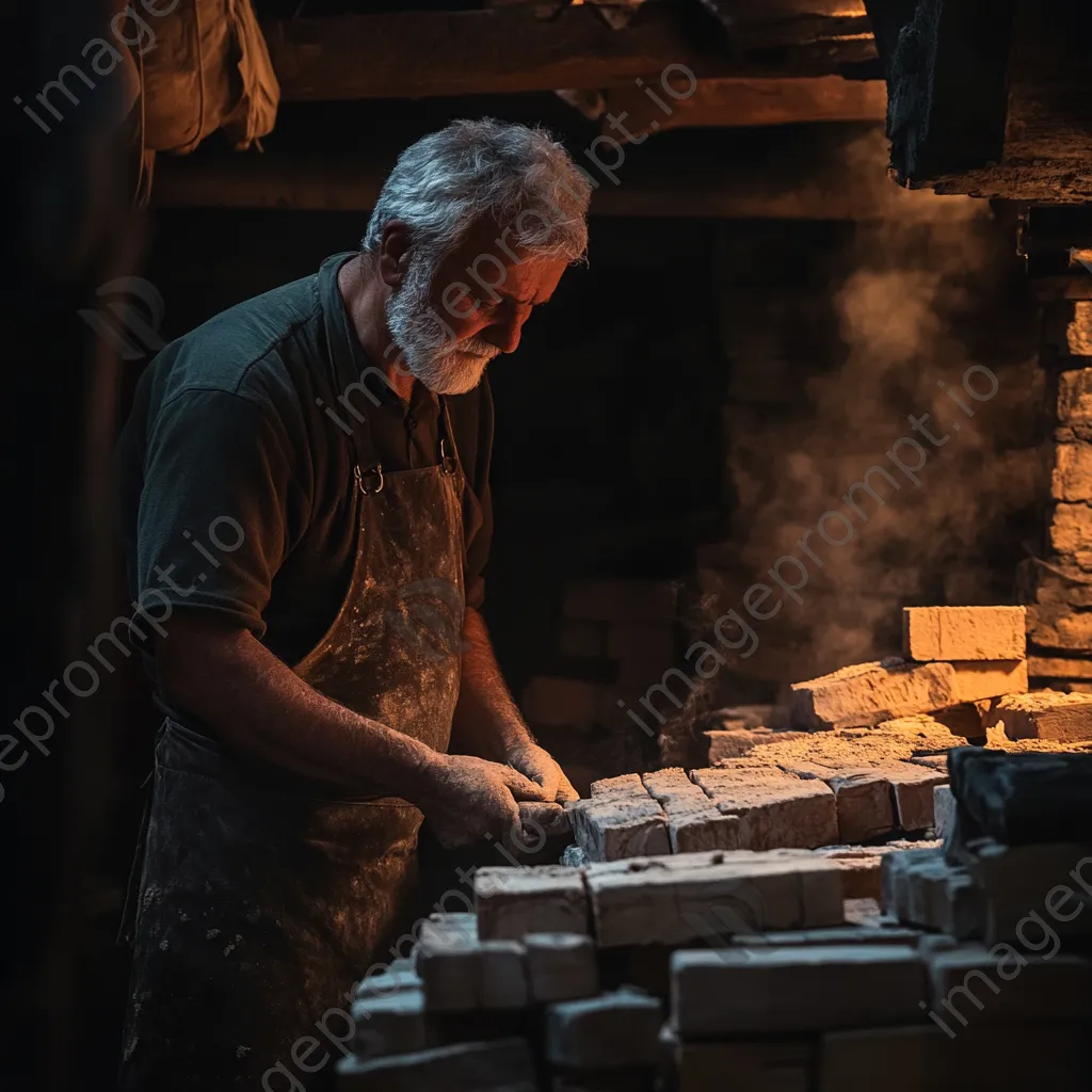 Artisan inspecting freshly fired bricks in a kiln - Image 3