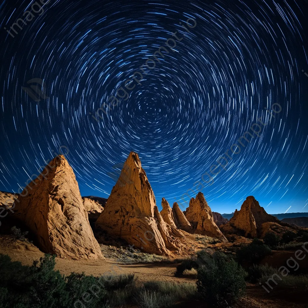 Star trails above unique wind-carved desert rock formations - Image 1