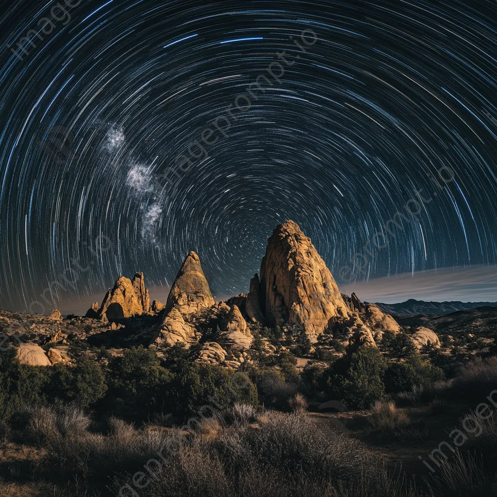 Star trails above unique wind-carved desert rock formations - Image 2