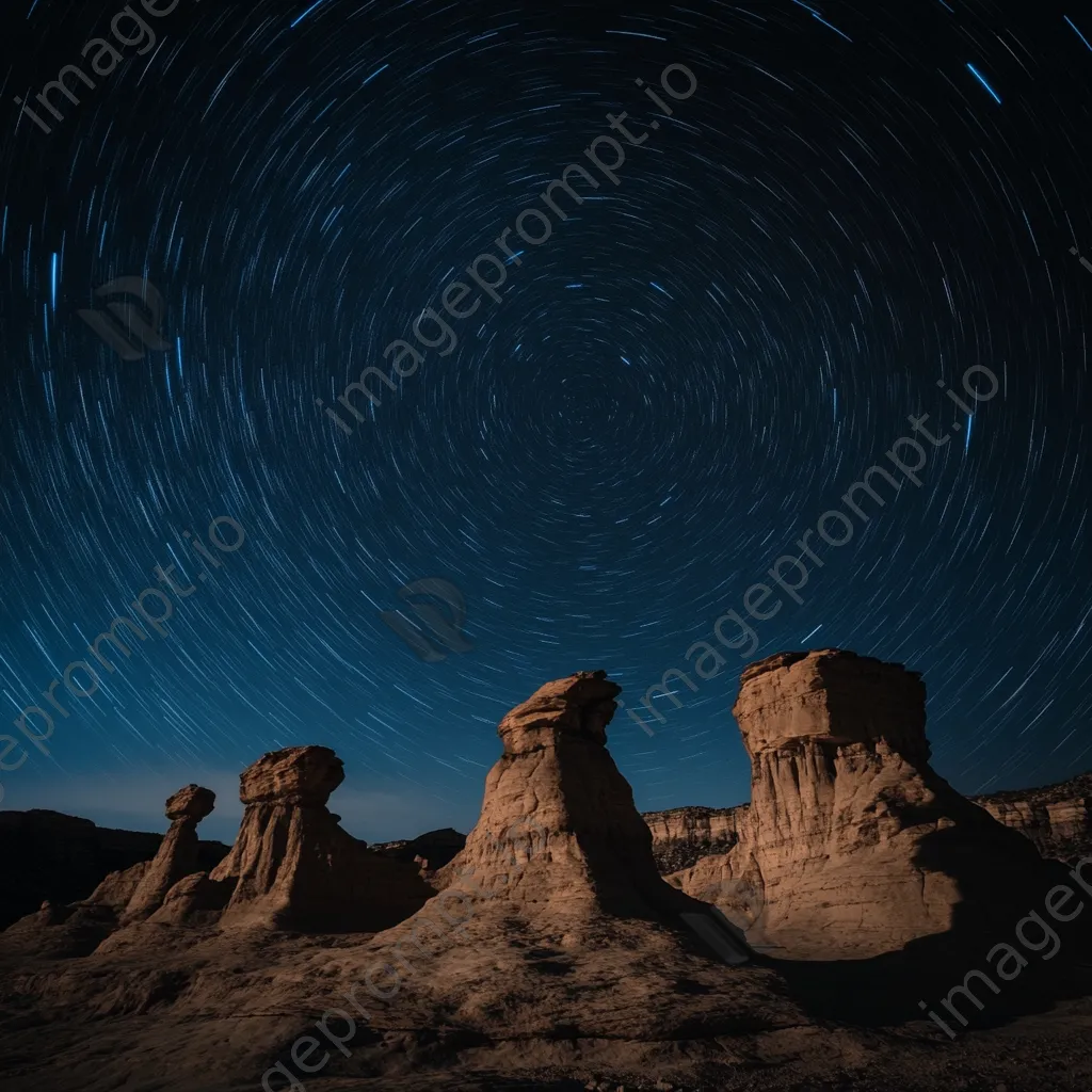 Star trails above unique wind-carved desert rock formations - Image 3