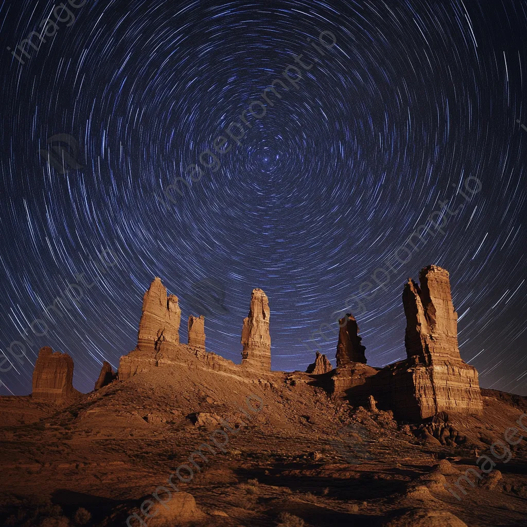 Star trails above unique wind-carved desert rock formations - Image 4