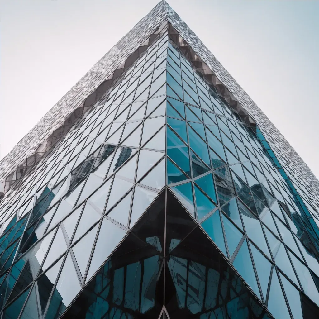 Modern skyscraper with diamond-shaped windows reflecting cityscape - Image 4