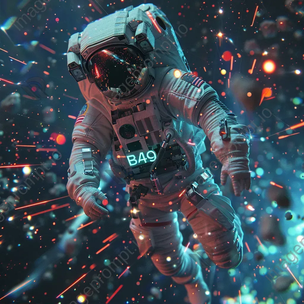 Cosmic astronaut in glitchy digital space with 