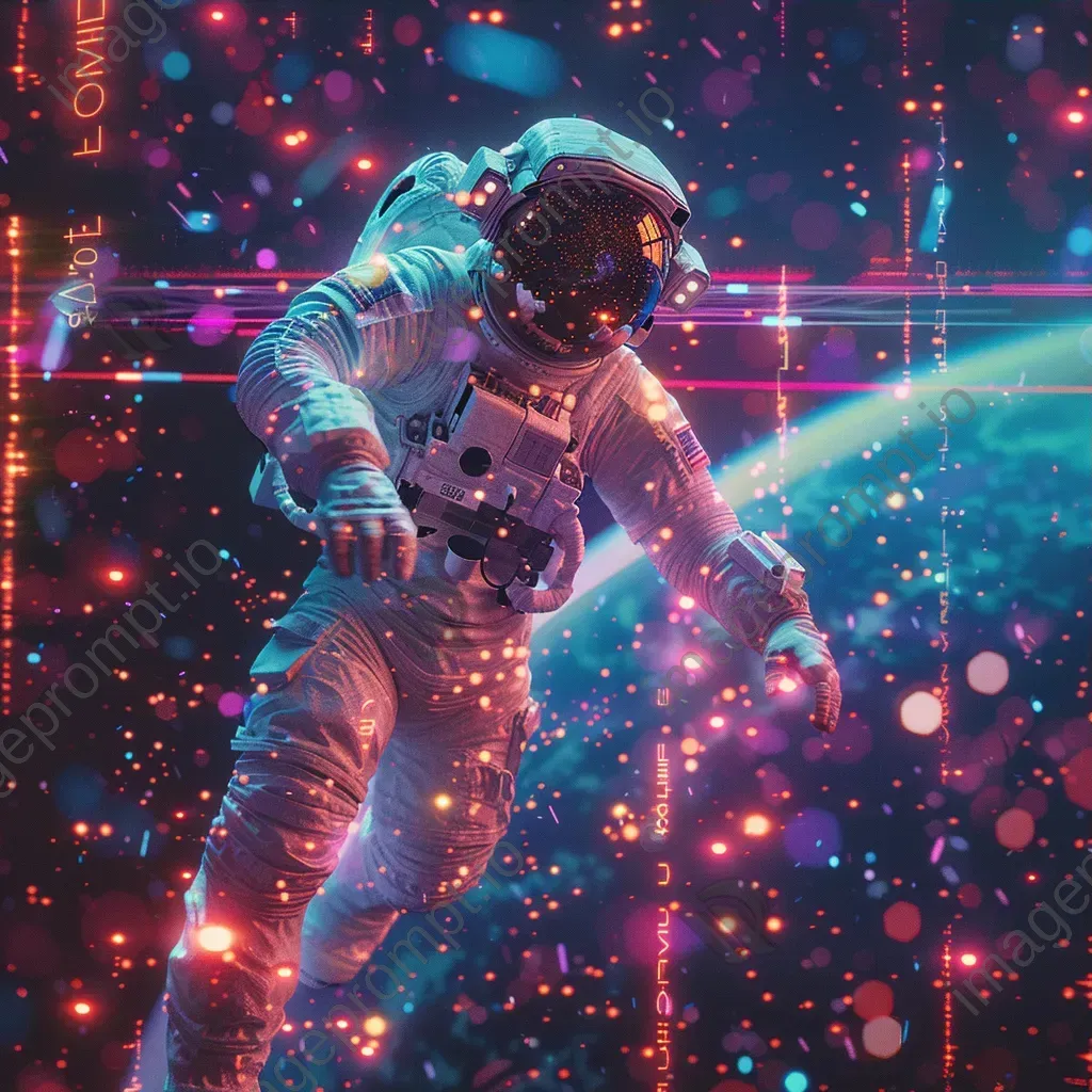 Cosmic astronaut in glitchy digital space with 