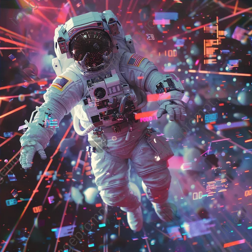 Cosmic astronaut in glitchy digital space with 