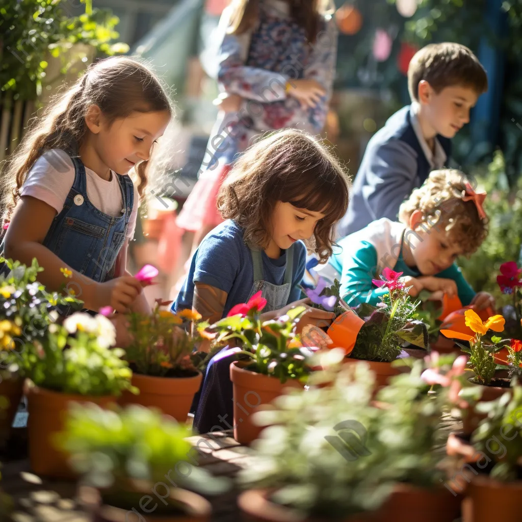 Children planting flowers in pots outdoors - Image 1