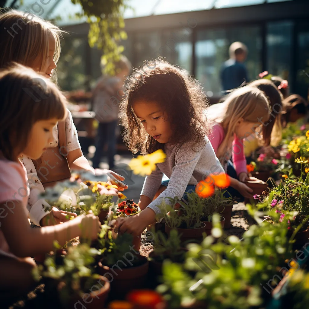 Children planting flowers in pots outdoors - Image 3