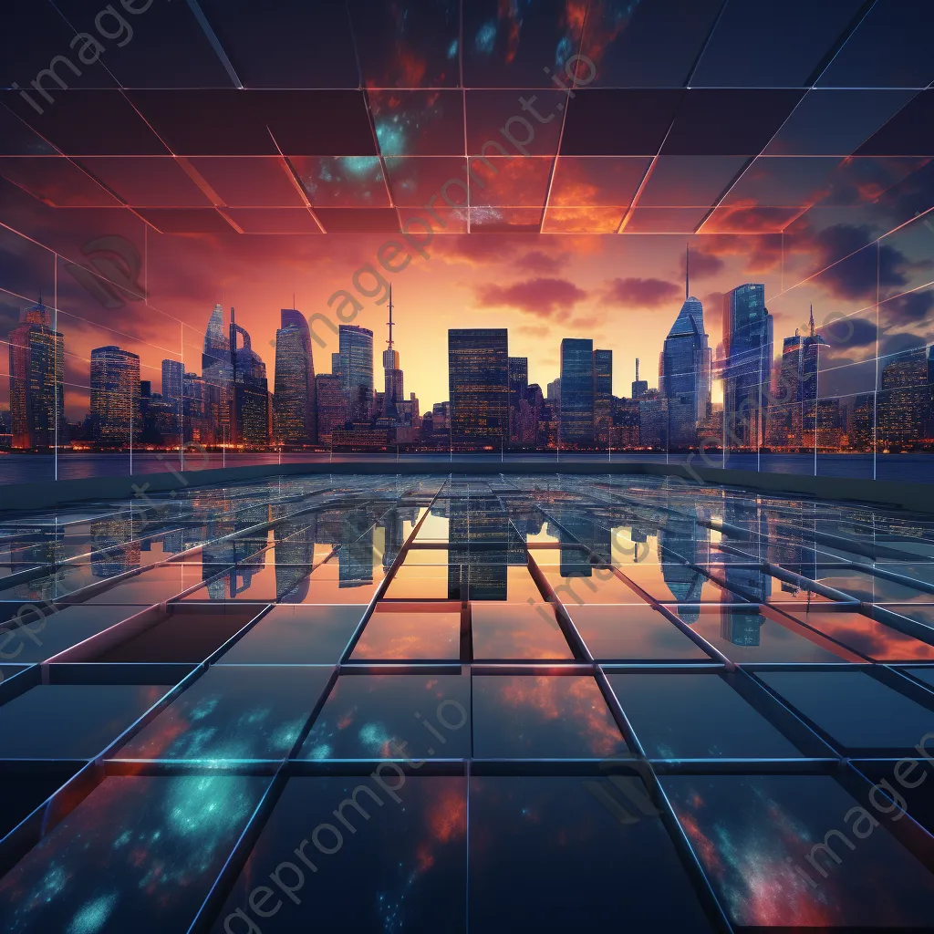 Futuristic skyline with projected digital grids at sunset, captured with a Canon EOS M50. - Image 1