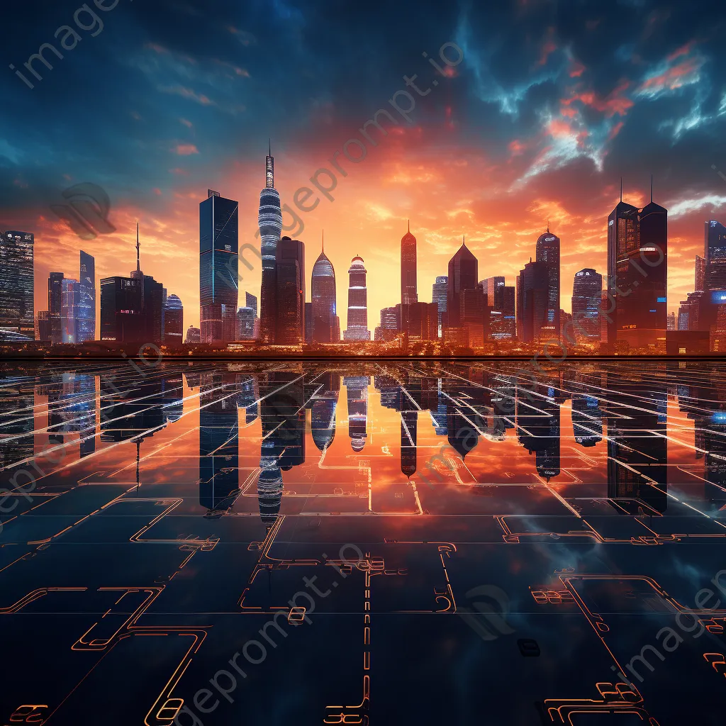 Futuristic skyline with projected digital grids at sunset, captured with a Canon EOS M50. - Image 2