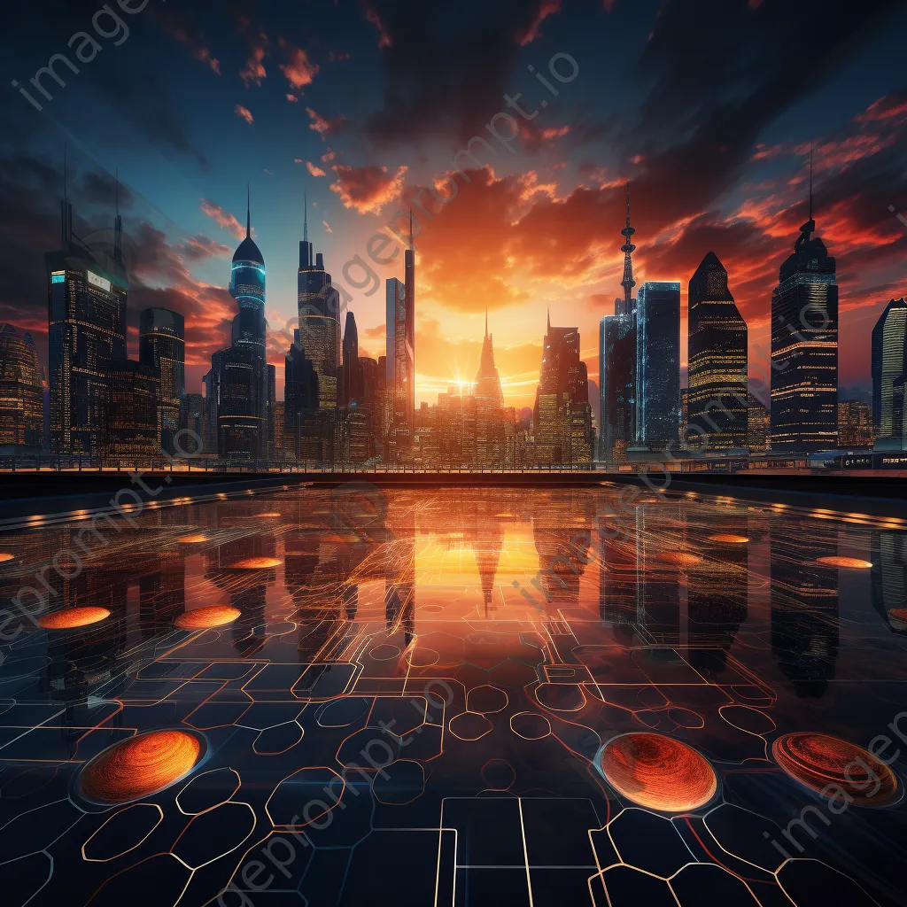 Futuristic skyline with projected digital grids at sunset, captured with a Canon EOS M50. - Image 3