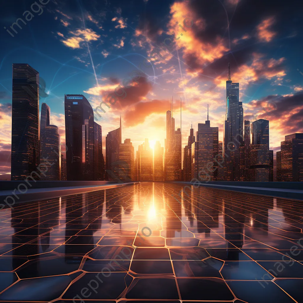 Futuristic skyline with projected digital grids at sunset, captured with a Canon EOS M50. - Image 4