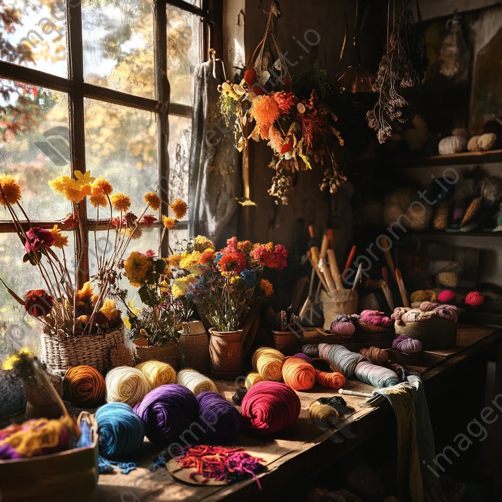 Cozy wool dyeing studio with vibrant colors and tools - Image 1