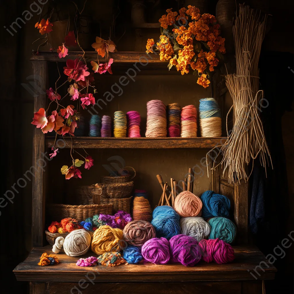 Cozy wool dyeing studio with vibrant colors and tools - Image 2