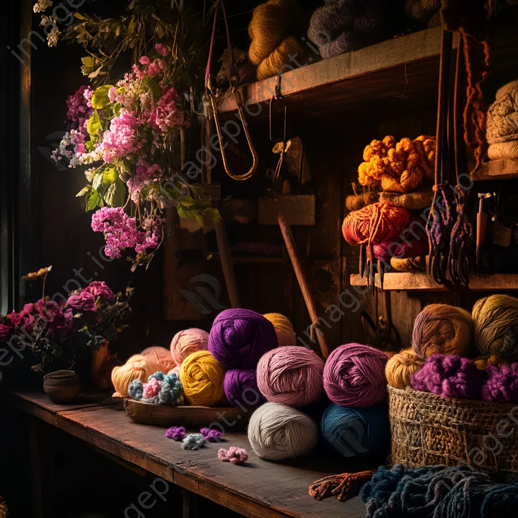 Cozy wool dyeing studio with vibrant colors and tools - Image 3