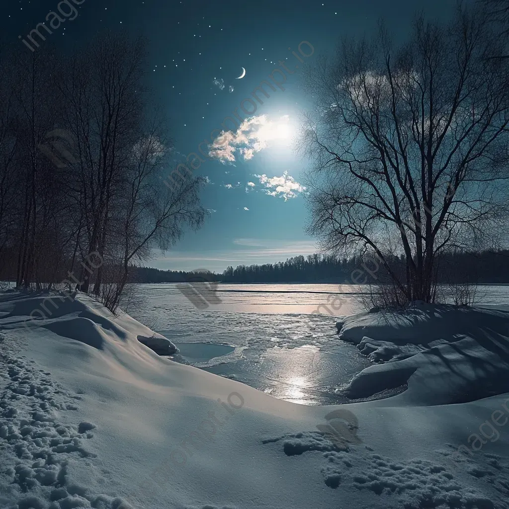 Artwork of a snowy landscape under moonlight, with long shadows and a sky reflection on a frozen lake - Image 1