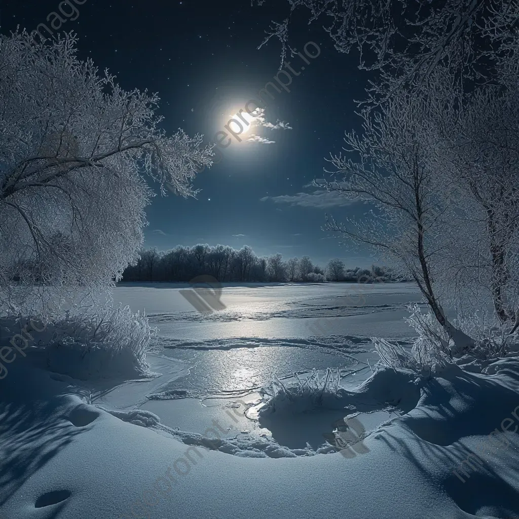 Artwork of a snowy landscape under moonlight, with long shadows and a sky reflection on a frozen lake - Image 2