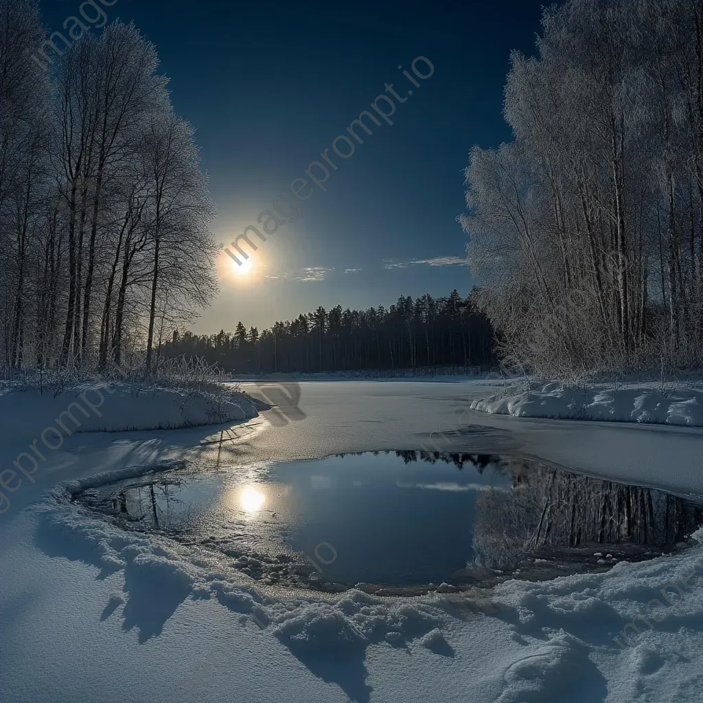 Artwork of a snowy landscape under moonlight, with long shadows and a sky reflection on a frozen lake - Image 4